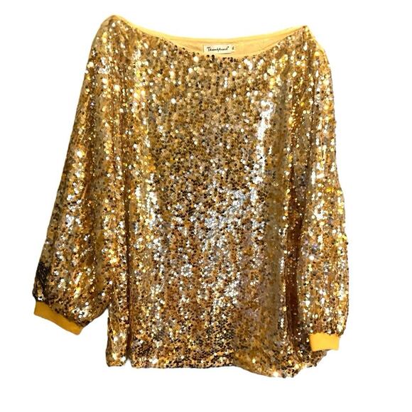 Thankpearl Gold Blouse Sequin Womens XL Sparkly Party Glam Boatneck Long Sleeve - Picture 2 of 8